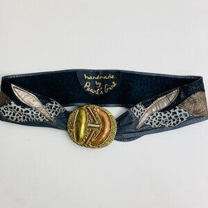 Vtg Mexican Mixed Metal Brass Copper Hand Crafted Belt Buckle Leather Patchwork
